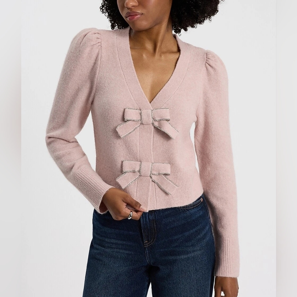 Express NEW Embellished Bow V-Neck Cardigan Sz XL Blush‎ Pink